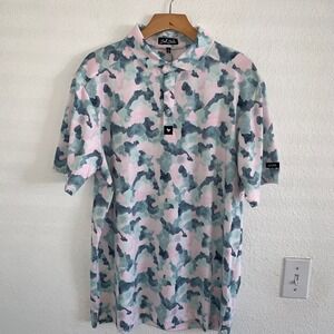 Bad Birdie Mens Golf Polo Shirt Pink Mint Blue Watercolor Camo Size Large NWT